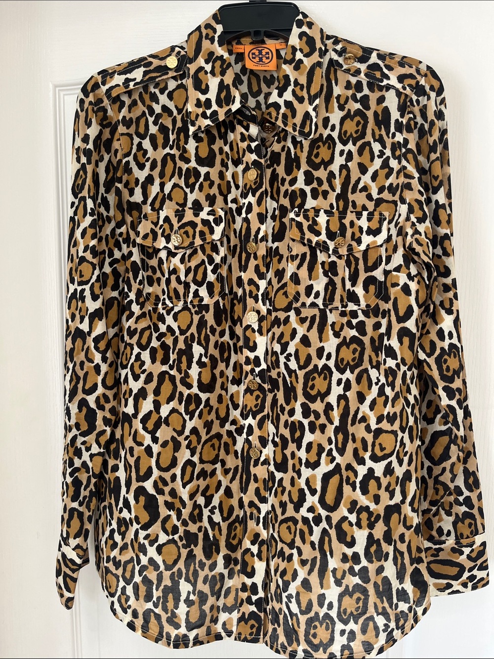 Tory Burch Leopard Print Silk Button-Down Shirt - Brown/Black/Cream, 10